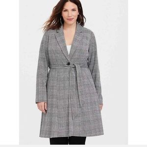 Plaid Longline Blazer Long Sleeve Tie Pockets Lined